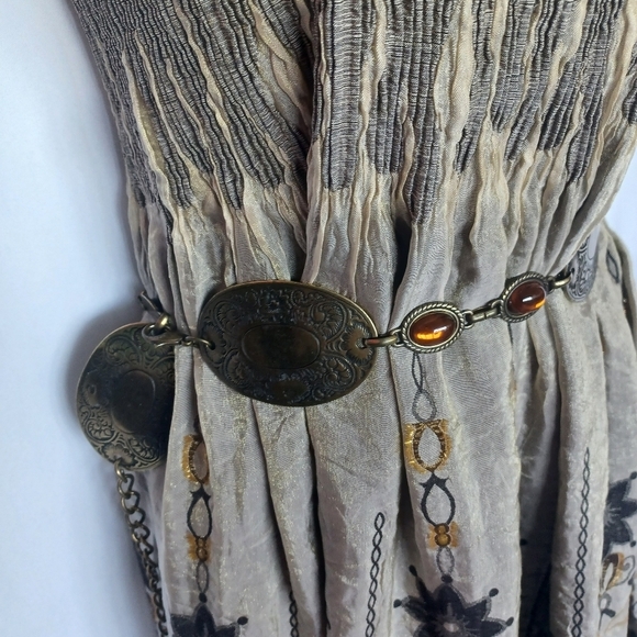 Festival Vibes Bohemian, 4 Pc Outfit W/Brown Dress, Jean Vest, Belt & Floppy Hat